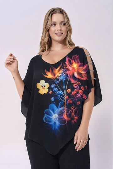 Kadın V Yaka Taşlı Şeritli Kol Tasarımlı Asimetrik Şifon Astarlı Tasarım Şık Büyük Beden Curve Bluz