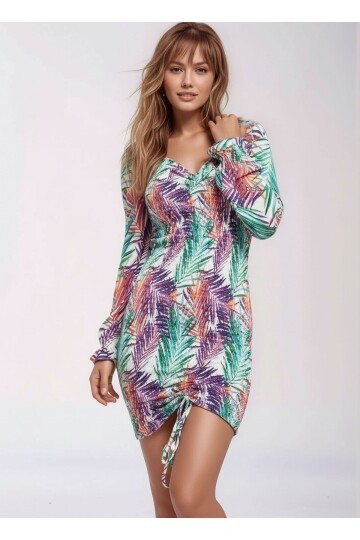 Kadın V Yaka Uzun Kol  Desenli Ayarlanabilir Eteği Büzülen Vücudu Saran Spor Şık Curve Elbise