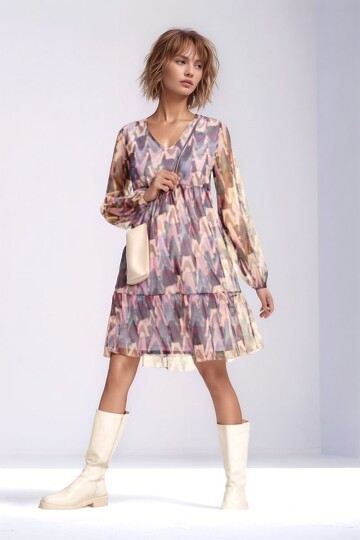 Kadın V Yaka Uzun Kol Rahat Kalıp Desenli Tül Elbise