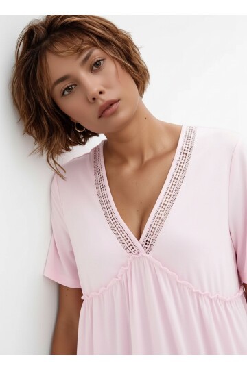 Kadın V Yaka Yarım Kol Yakası File Detay Şık Örme Rahat Kalıp Yazlık Bluz