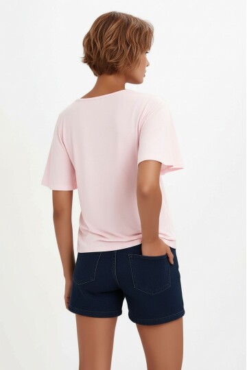 Kadın V Yaka Yarım Kol Yakası File Detay Şık Örme Rahat Kalıp Yazlık Bluz