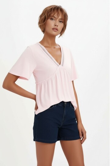 Kadın V Yaka Yarım Kol Yakası File Detay Şık Örme Rahat Kalıp Yazlık Bluz