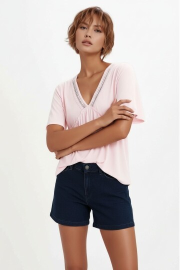 Kadın V Yaka Yarım Kol Yakası File Detay Şık Örme Rahat Kalıp Yazlık Bluz