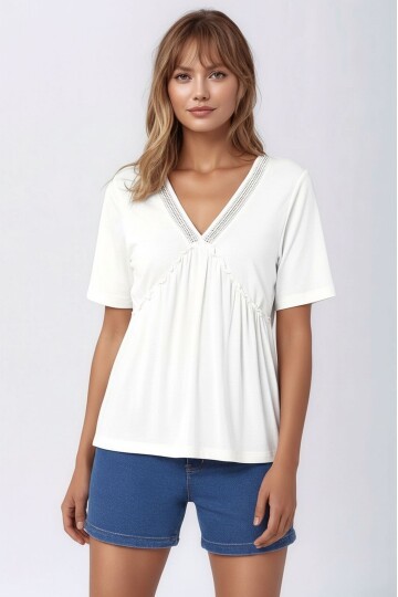 Kadın V Yaka Yarım Kol Yakası File Detay Şık Örme Rahat Kalıp Yazlık Bluz