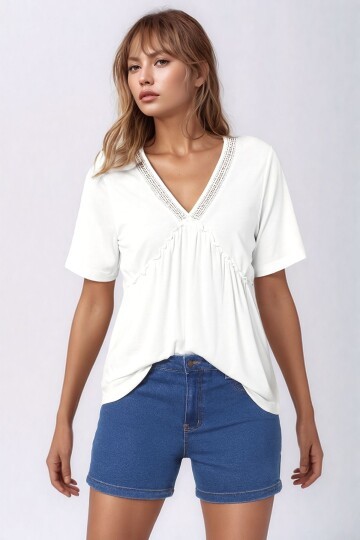 Kadın V Yaka Yarım Kol Yakası File Detay Şık Örme Rahat Kalıp Yazlık Bluz