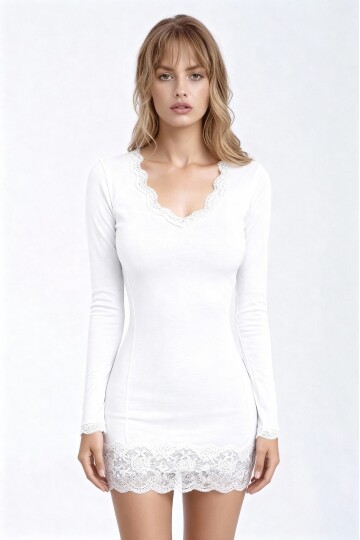 Kadın Viskon Dantel Detaylı Uzun Kol Curve Spor Şık Bluz Tunik