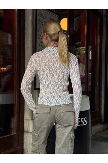 Kadın Yarım Balıkçı Yaka Full Esnek Dantel Bürümcük Spor Şık Tasarım Gece Bluzu