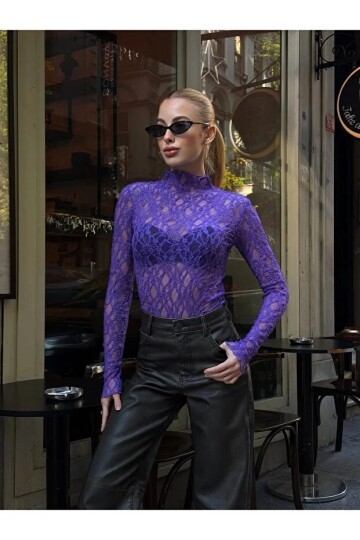 Kadın Yarım Balıkçı Yaka Full Esnek Dantel Bürümcük Spor Şık Tasarım Gece Bluzu