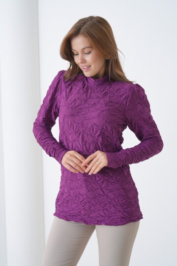 Kadın Yarım Balıkçı Yaka Uzun Kol Kendinden Dokulu Spor Tesettüre Uygun Şık Bluz