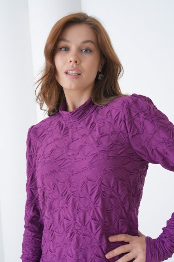 Kadın Yarım Balıkçı Yaka Uzun Kol Kendinden Dokulu Spor Tesettüre Uygun Şık Bluz