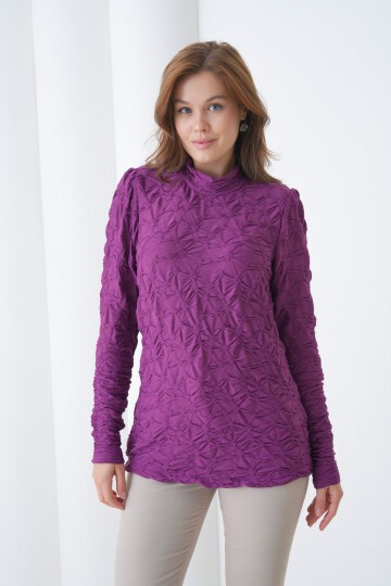 Kadın Yarım Balıkçı Yaka Uzun Kol Kendinden Dokulu Spor Tesettüre Uygun Şık Bluz