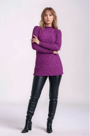 Kadın Yarım Balıkçı Yaka Uzun Kol Kendinden Dokulu Tesettüre Uygun Şık Dokulu Bluz