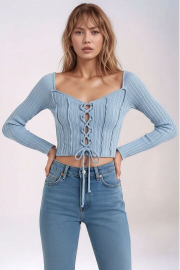 Kadın Yuvarlak Yaka Önden Bağcıklı Uzun Kol Fitilli Crop Boy Spor Şık Bluz