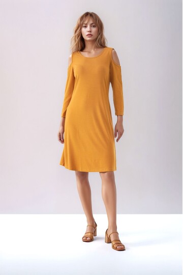 Kadon Omzu Açık Truvakar Kol Bisiklet Yaka Rahat Kalıp Spor Şık Örme Viskon Elbise