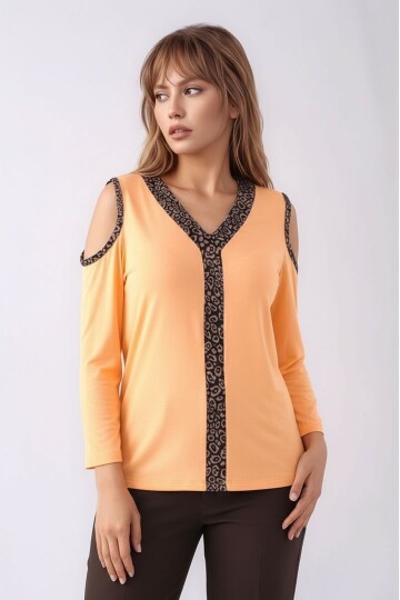 Kadon Omzu Açık Truvakar Kol Leopar Biyeli Rahat Kalıp Spor Şık Bluz