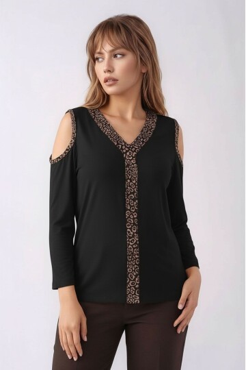 Kadon Omzu Açık Truvakar Kol Leopar Biyeli Rahat Kalıp Spor Şık Bluz