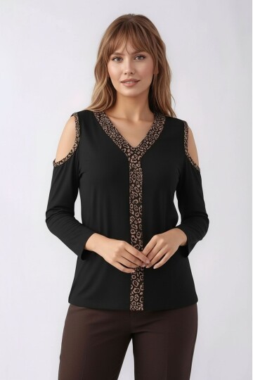 Kadon Omzu Açık Truvakar Kol Leopar Biyeli Rahat Kalıp Spor Şık Bluz